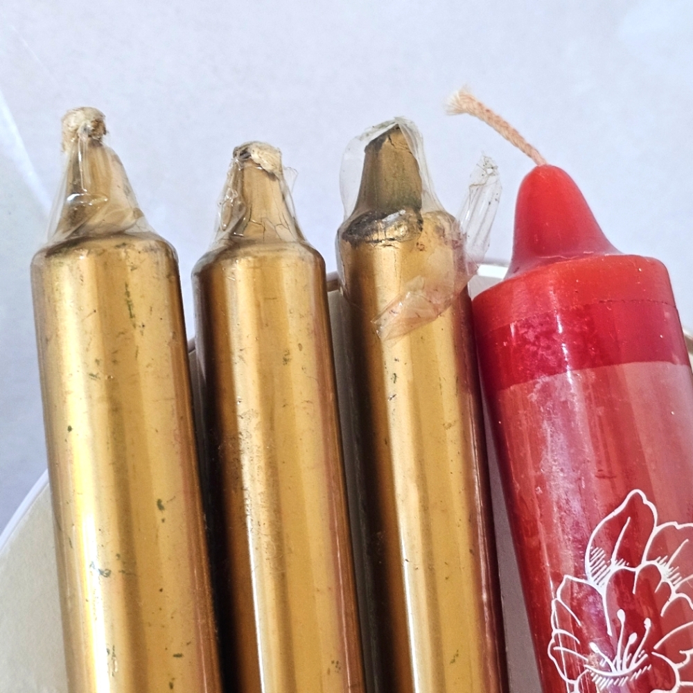 3-GOLD Wax 10" TALL Candles PLUS 1-6" Chunky American Greetings RED Christmas
